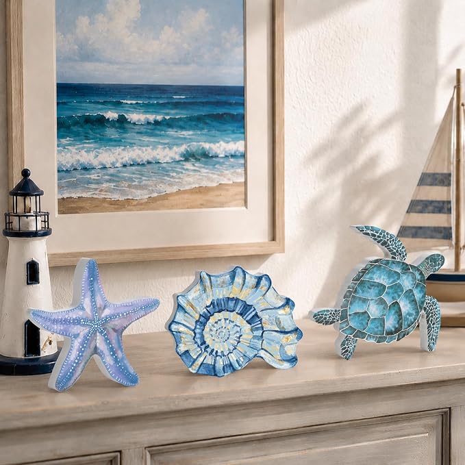 3 Pcs Beach Theme Wooden Tabletop, Sea Turtle Conch Starfish Decor Signs - Image 4