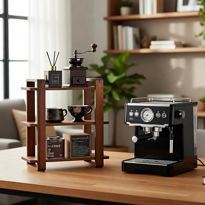 Coffee Station Organizer for Kitchen walnut WoodenCountertop Mug Holder 3 Tier - Image 6