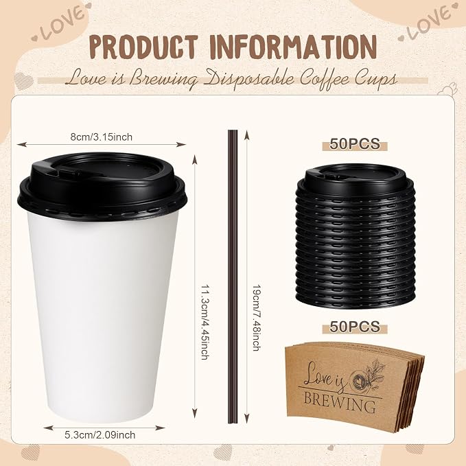 Pickmesh 50 Sets 12 oz Wedding Coffee Paper Cup Sets, Love Is Brewing - Image 2