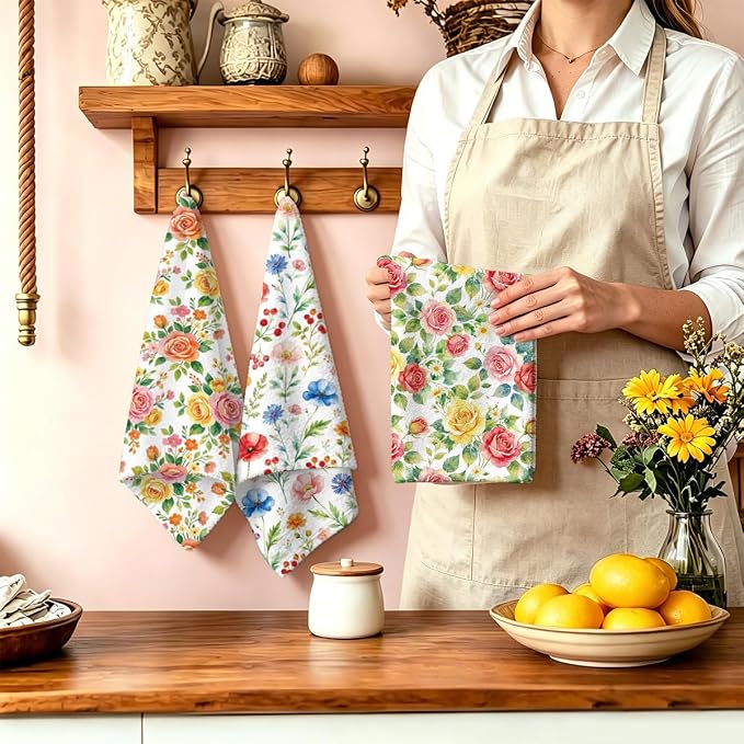 MAYJOYDIY 4 Pcs Vibrant Flowers Kitchen Towels Roses Daisy Wildflowers - Image 2