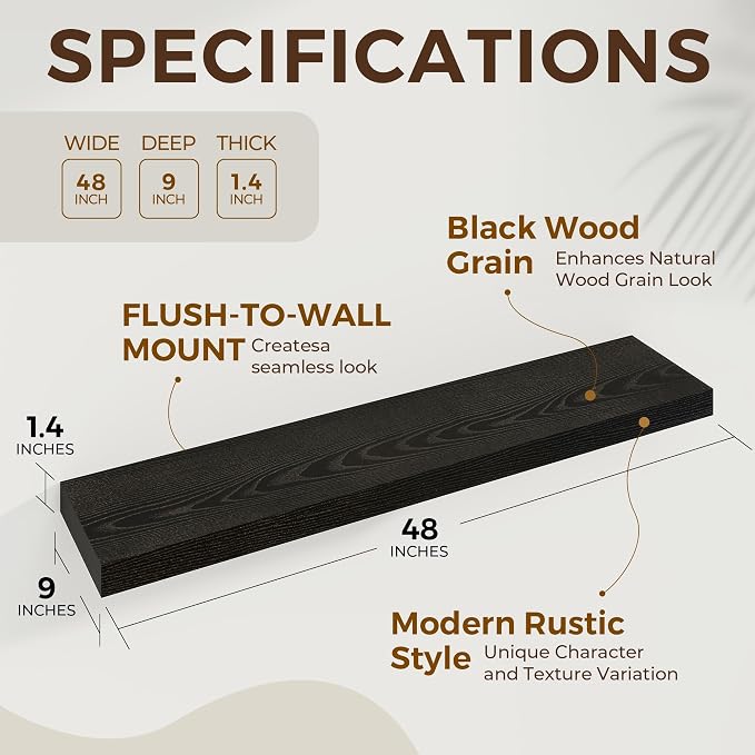 Dreamland 48 Inch Long Floating Shelves in Black, 9.3 Inch Deep Floating Shelf - Image 5