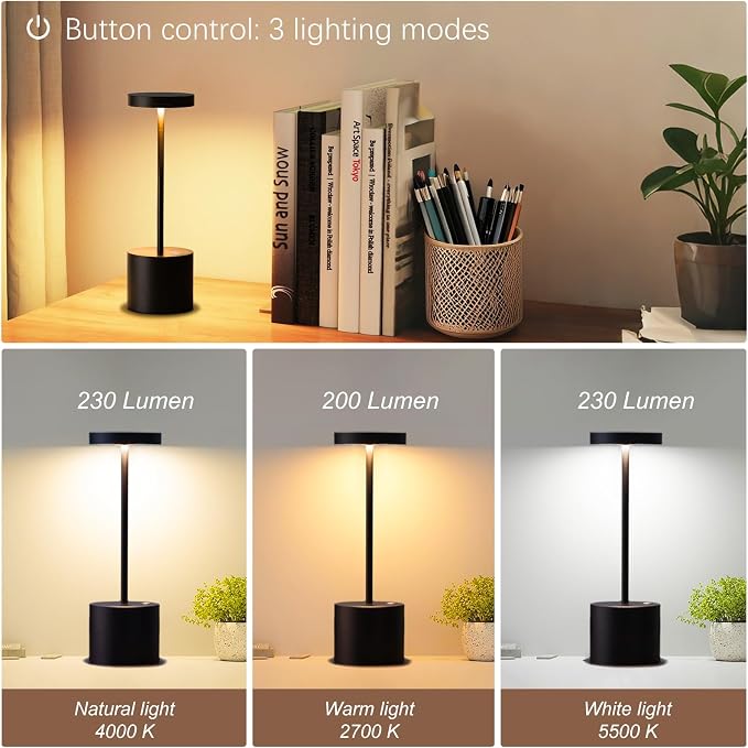 Cordless LED Table Lamp, Rechargeable Battery, IP54 Waterproof | 3-Color - Image 2