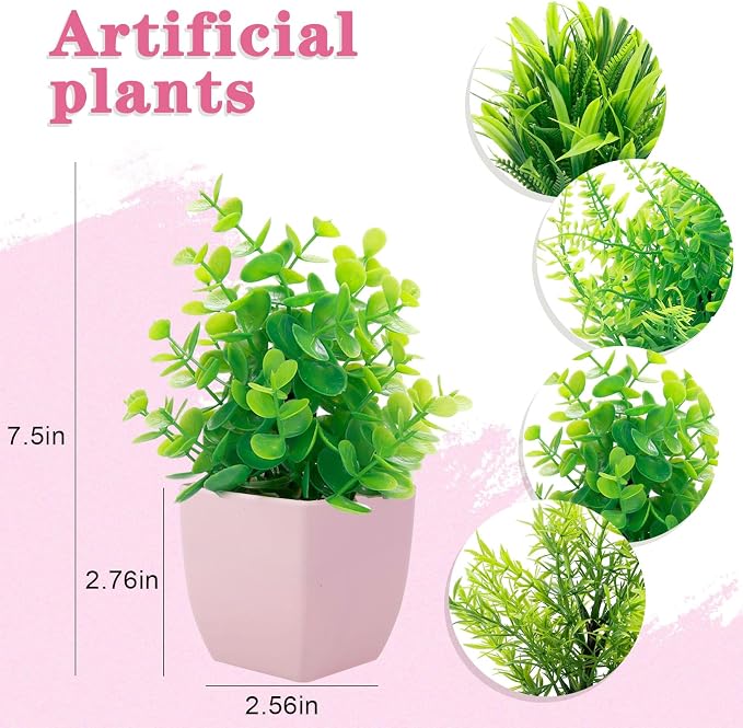 GREENTIME 4 Pack Fake Plants in Pink Pot Mini Artificial Eucalyptus Potted - Image 2