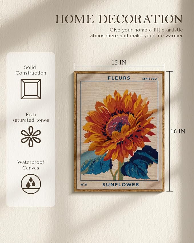 Vintage Sunflower Serie July Wall Art Framed Canvas Print 12x16, Retro - Image 3