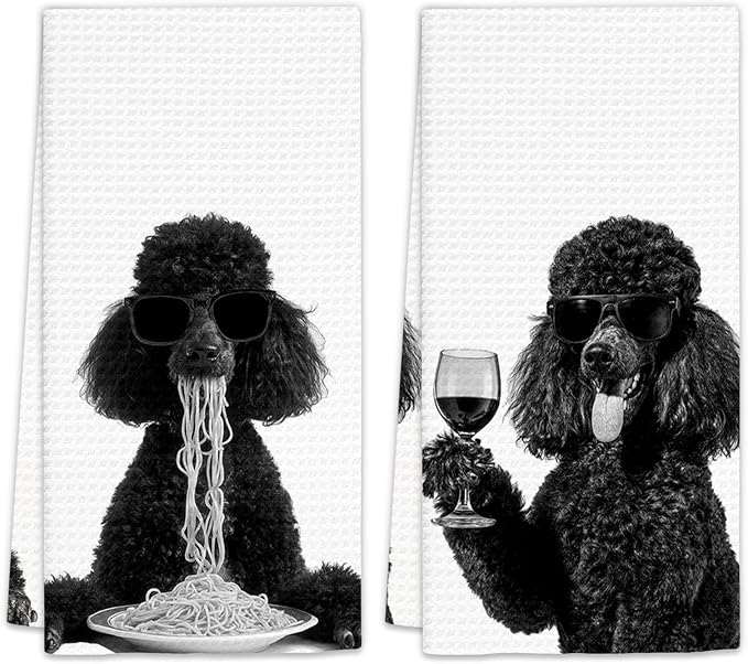 Black Poodle Gifts Wine Kitchen Towels Set of 2, Funny Black Poodle Dog Eating by FIicy