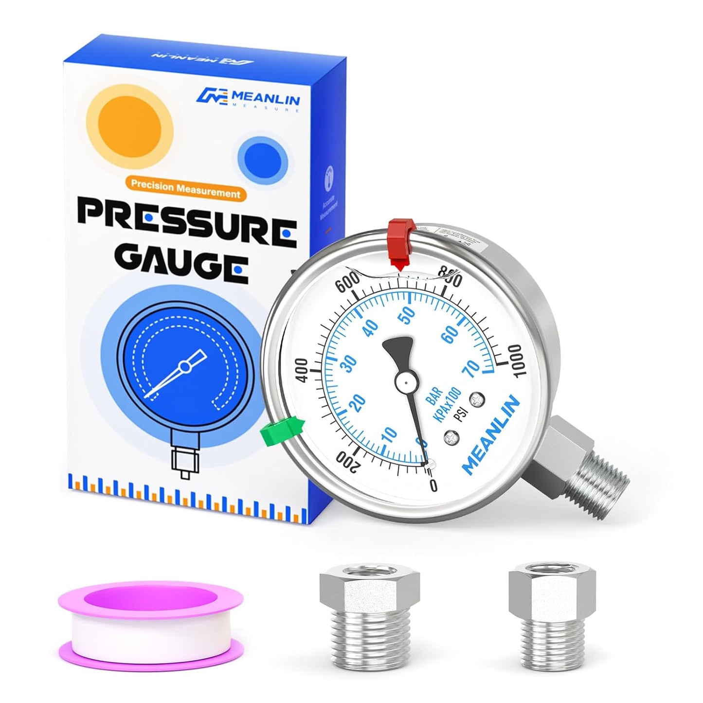 MEANLIN MEASURE 0~1000Psi Stainless Steel Liquid Filled Pressure Gauge 2.5" FACE DIAL 1/4" NPT for WOG Water Oil Air Lower Mount with Stainless Steel Hex Bushing and Snaps