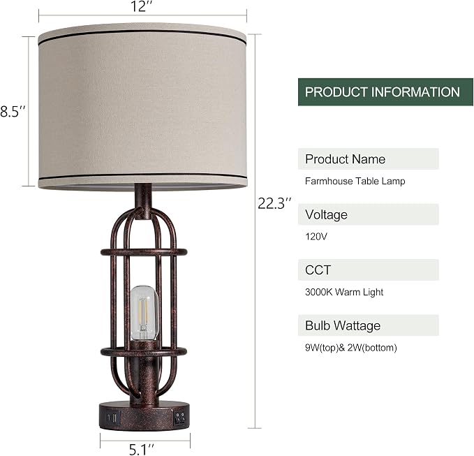 Reaketon 22.3" Table Lamps for Living Room Set of 2, Farmhouse Lamps for - Image 8