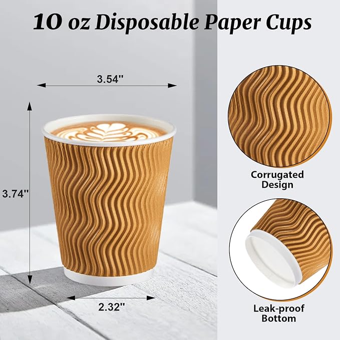 Clawsoff 120 Pack 10 oz Coffee Cups, Disposable Corrugated Insulated Ripple - Image 2
