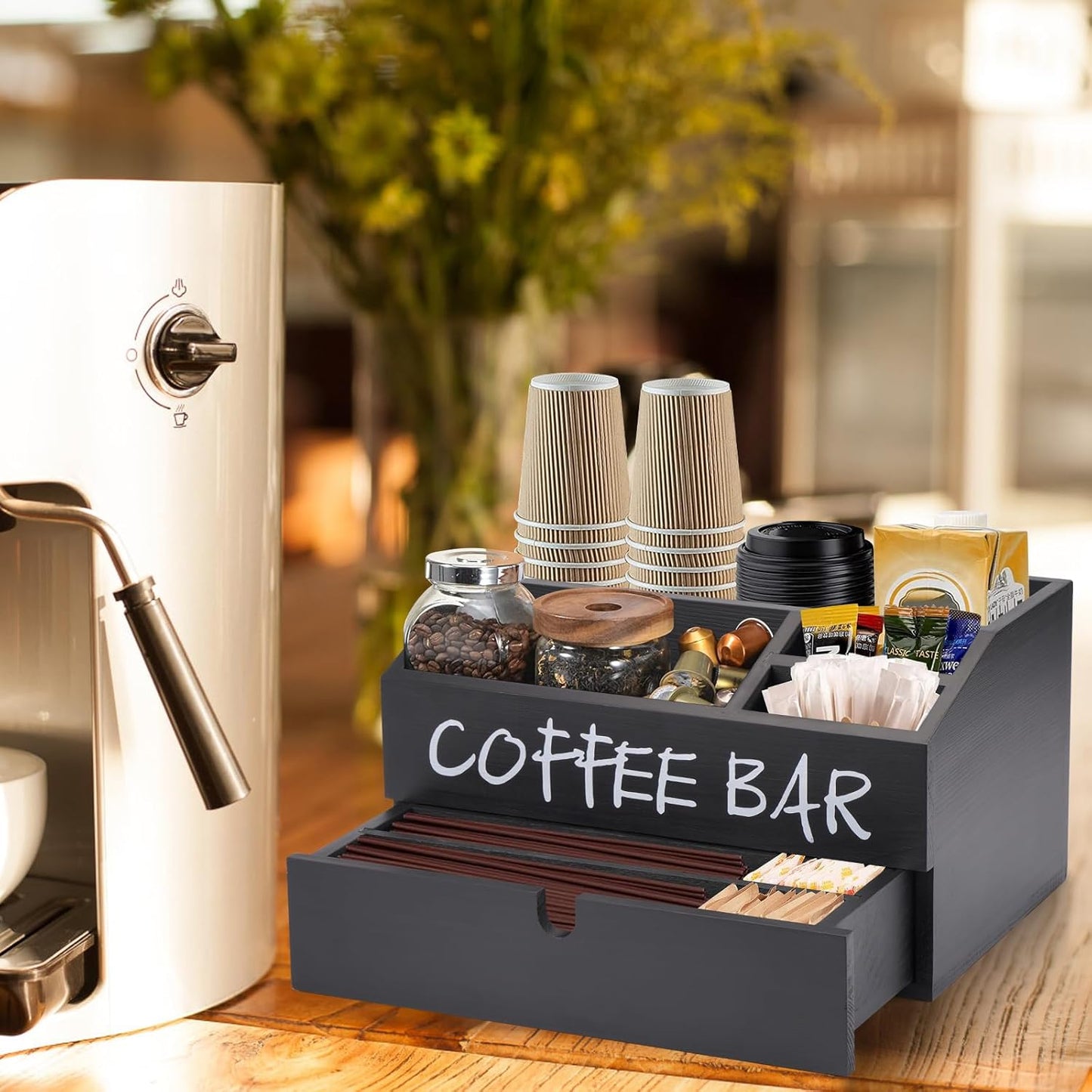 Coffee Station Organizer, Wood Coffee Bar Accessory with Drawer, K Cup Condiment Organizer & Pod Holder (30x20x16cm) - Black
