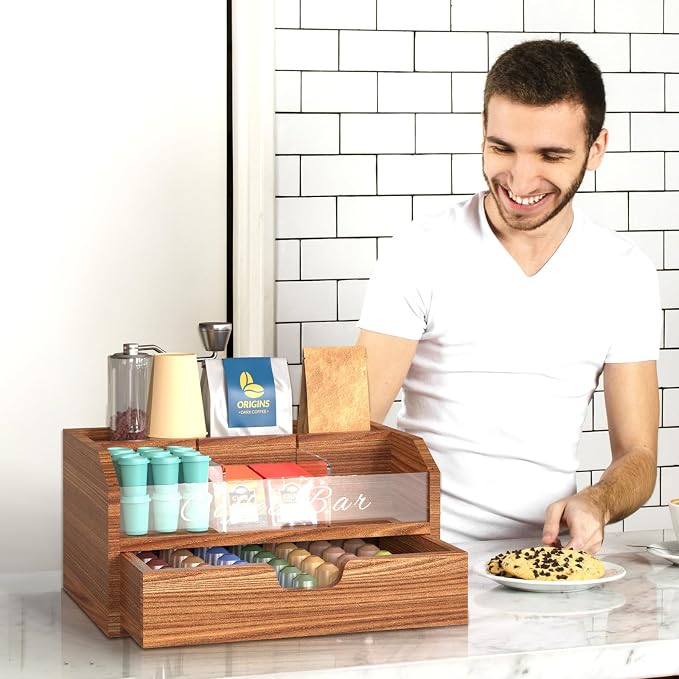 NiHome Solid Wood & Acrylic Coffee Station Organizer - Image 7