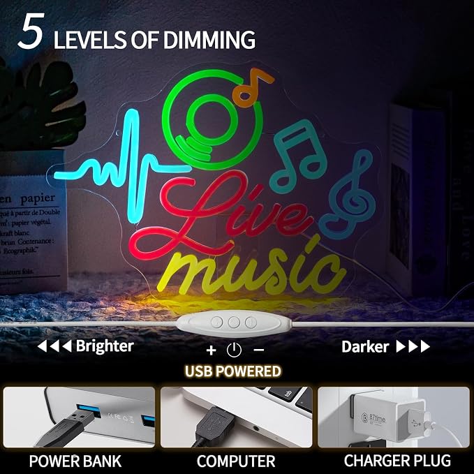 Live Music Neon Sign Dimmable Musical Note Neon Light Sign - Image 4