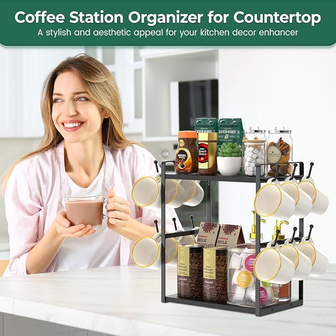 EsLuker.ly 2 Tier Coffee Mug Holder Station Bar Organizer Countertop, Mug Cup - Image 3