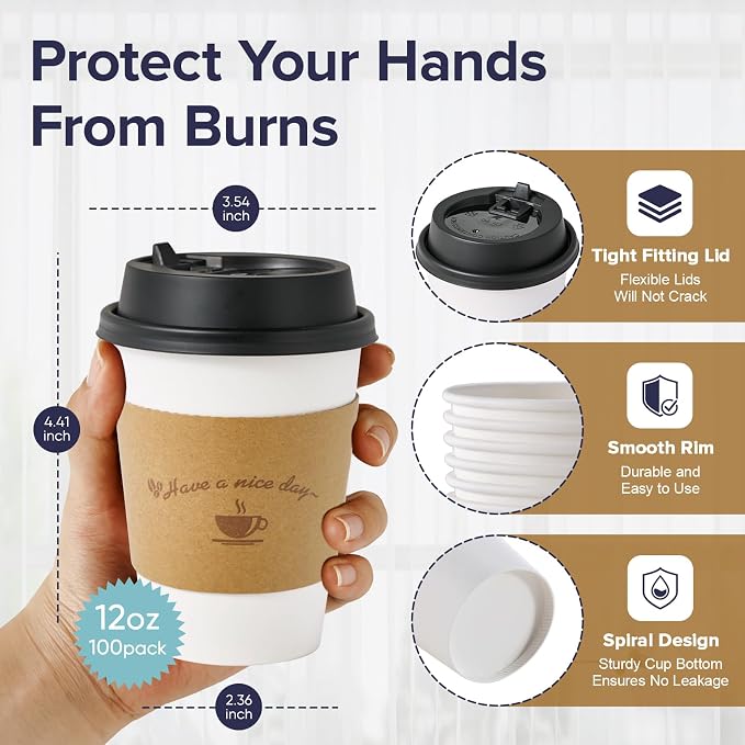 LITOPAK 100 Pack 12 oz Disposable Coffee Cups - Image 2