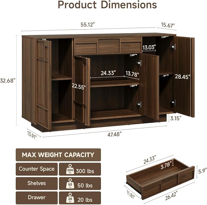 55" Buffet Cabinet with Storage Drawer, Sideboard Buffet Cabinet with Built-in - Image 2