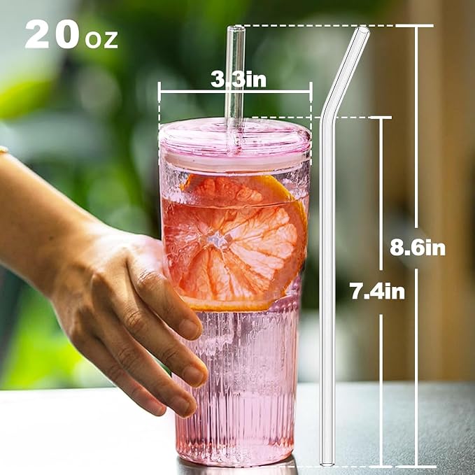 JunVpic Glass Coffee Cups with Lids and Straws, 20 OZ Pink Iced Water Glasses - Image 3
