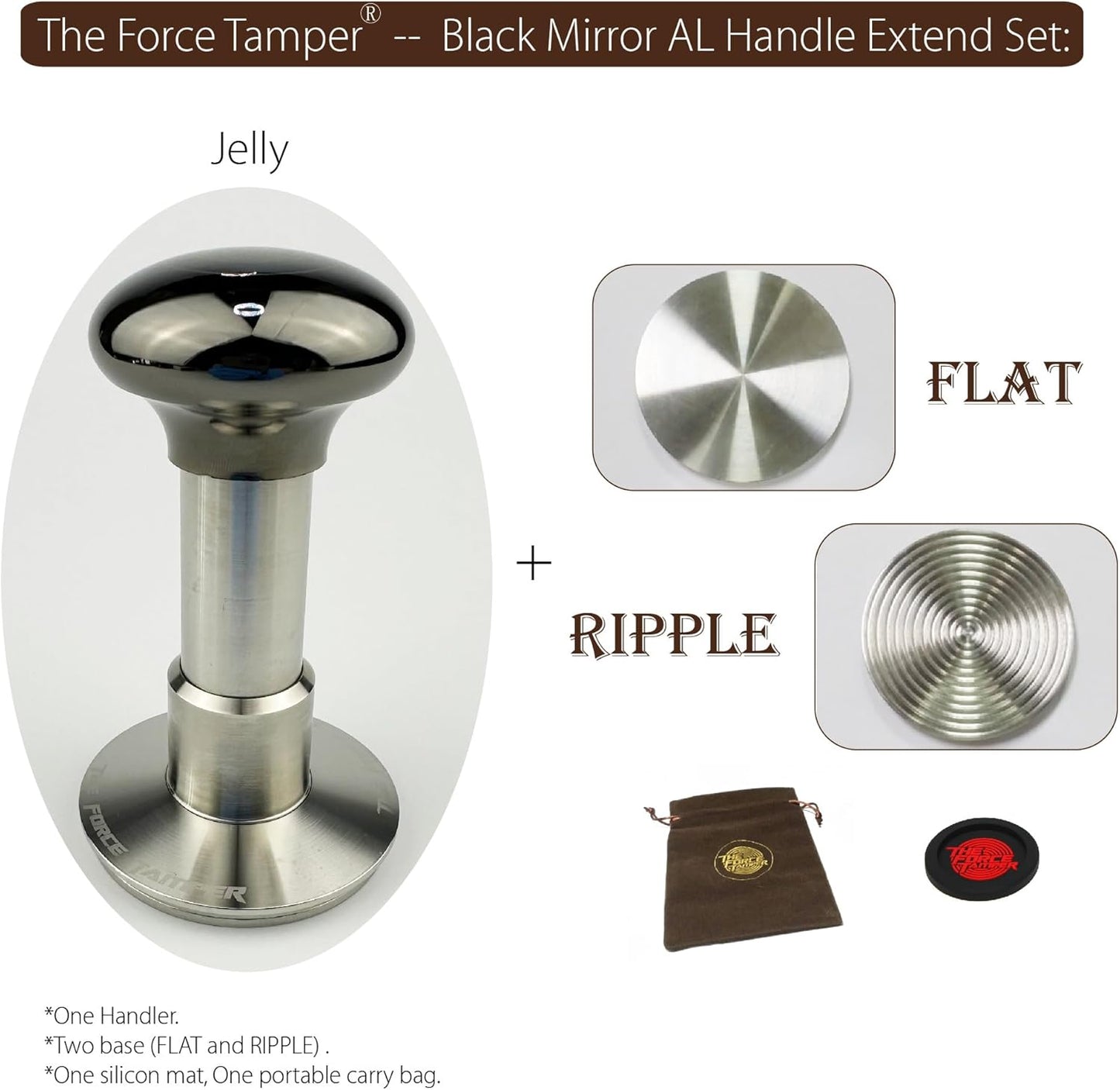 The Force Tamper Automatic Impact Coffee Tamper Adjustable Const Pressure and Autoleveling Extend Set New (Jelly-Black Mirror AL, 53.00mm)