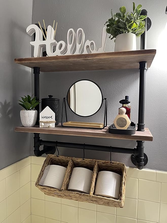 ROGMARS Industrial Pipe Shelf Floating Shelves Bathroom Pipe Shelving Farmhouse by 100RealSolidWood