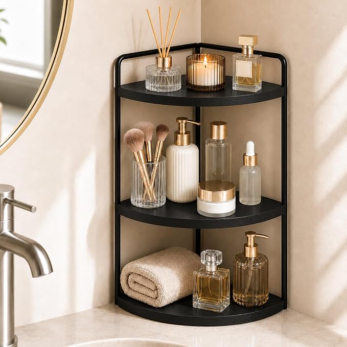 3-Tier Corner Bathroom Counter Organizer, Solid Pine Vanity Shelf, or coffee by SwartLife
