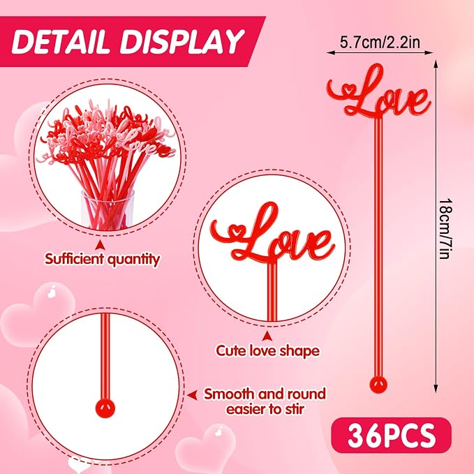 36 Pcs Valentine’s Day Drink Stirrers, 7 Inch Love Stirrers Reusable Valentines - Image 2