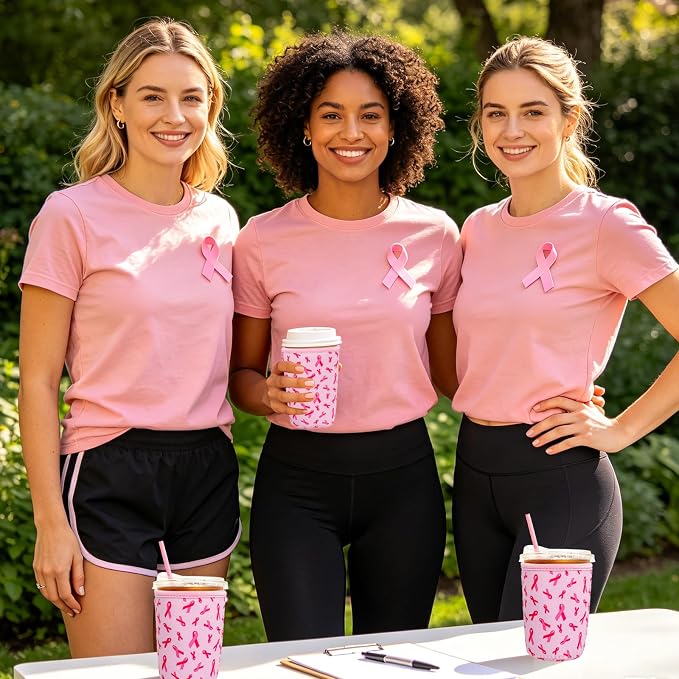 3 Pack Reusable Iced Coffee Cup Sleeve Pink Ribbon Beverage Holder - Image 6