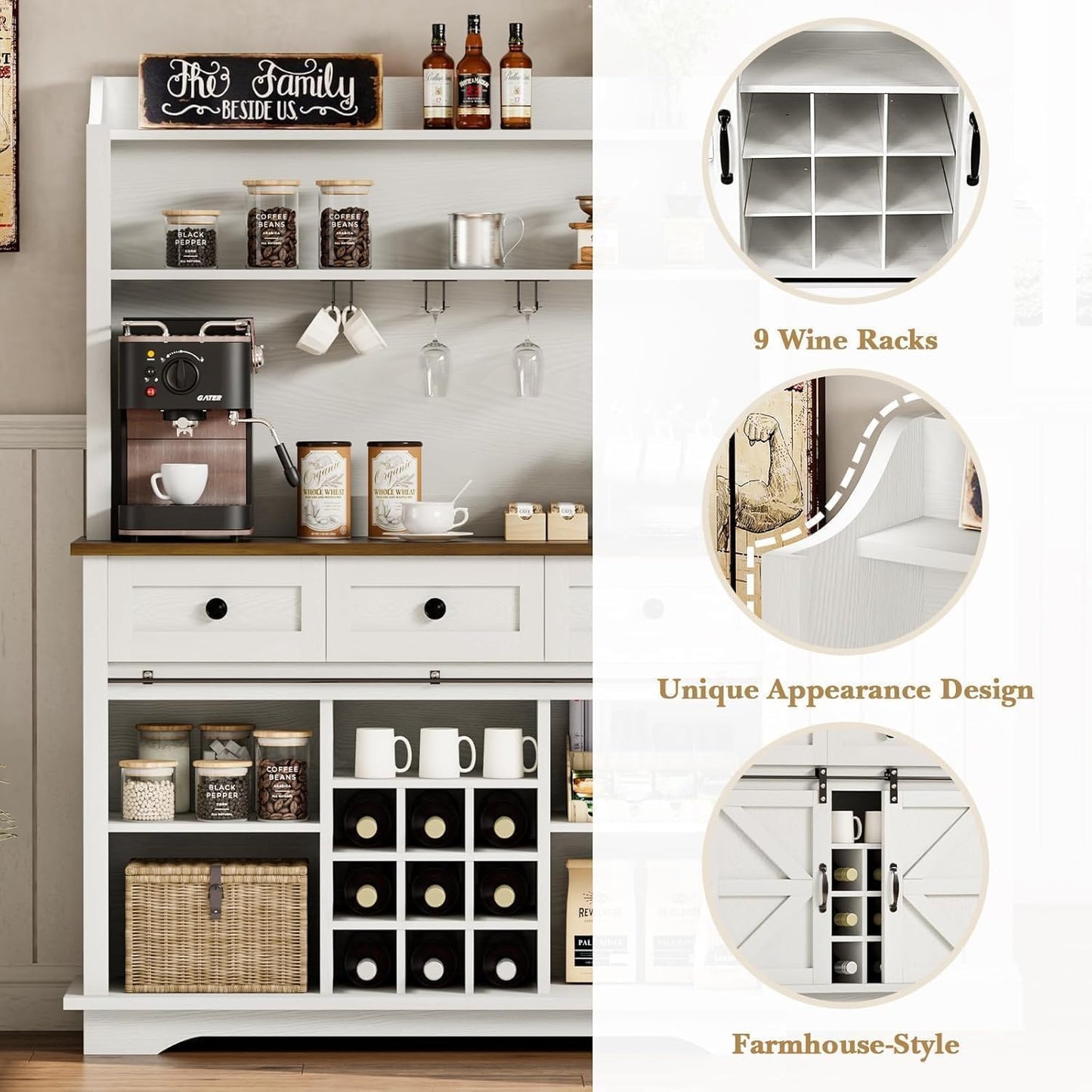 63 Inch Coffee Bar Cabinet with 3-Tier Storage, Kitchen Storage Cabinets with 3 Drawers, Farmhouse Coffee Bar with 9 Racks, 3 Glass Holders, Wine Bar for Living Dining Room, White