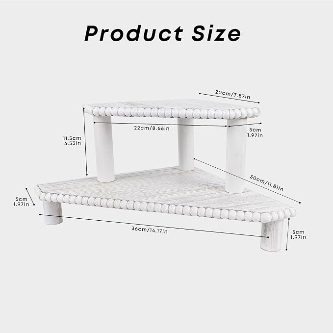 2-Tier Rustic Corner Shelf for Kitchen Counter, Wood Beaded Farmhouse - Image 3