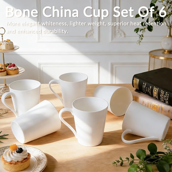 11 Oz Plain White Fine Bone China Coffee Mugs Set of 6, V-Shaped Latte Mug - Image 6