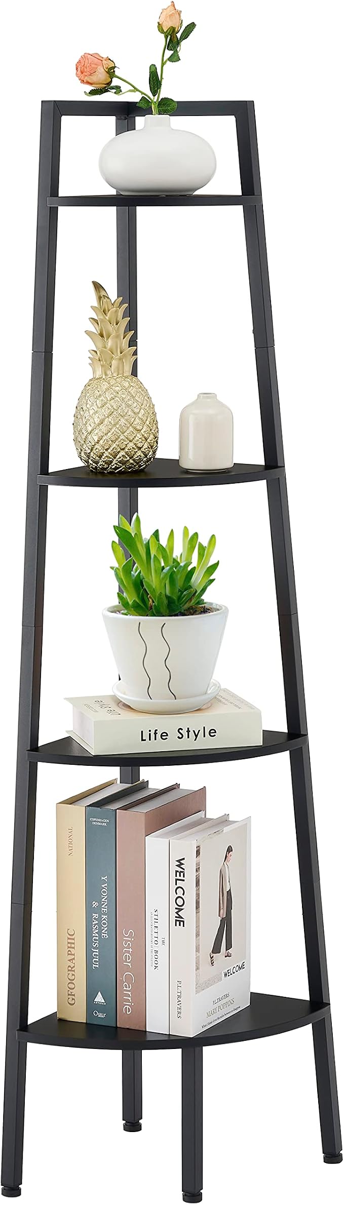 Hoctieon Corner Shelf, 4-Tier Corner Bookshelf, Rustic Ladder Shelf, Industrial - Image 5