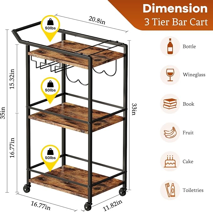 LOTEYIKE 3 Tier Bar Cart, Mini Liquor Utility Cart - Image 3