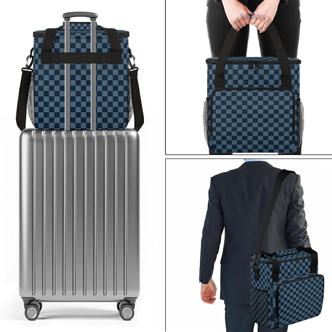 Checkerboard Dark Blue Coffee Maker Carrying Bag, Waterproof Insulated - Image 7