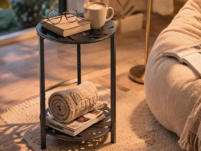 2-Tier Metal Round Side Table Black Accent Coffee Tables Small Space Corner - Image 6
