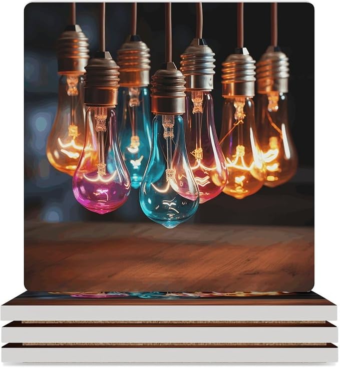 A String of Colored Light Bulbs Ceramic Coasters, Square Drink Coaster Set of 4 by Unknown