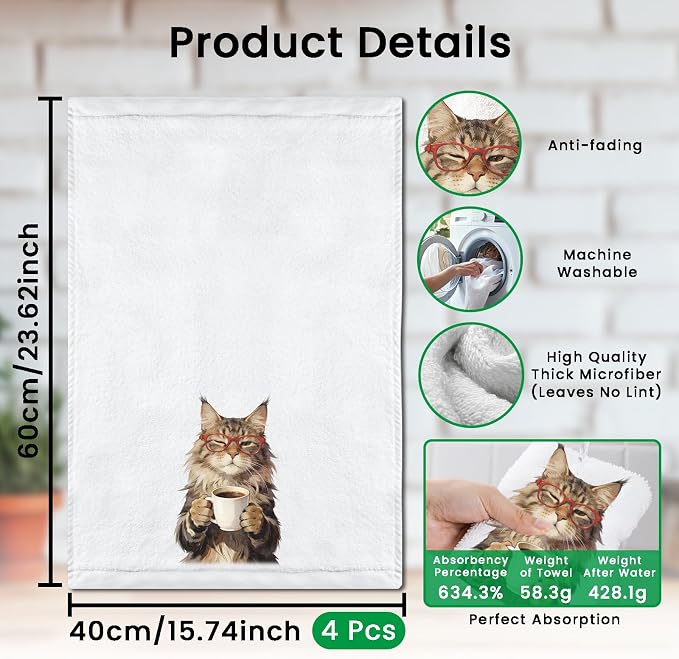 CUTHOLLOW Funny Cats Decorative Kitchen Towels Set of 4, 15.74"x23.62" Soft & - Image 2