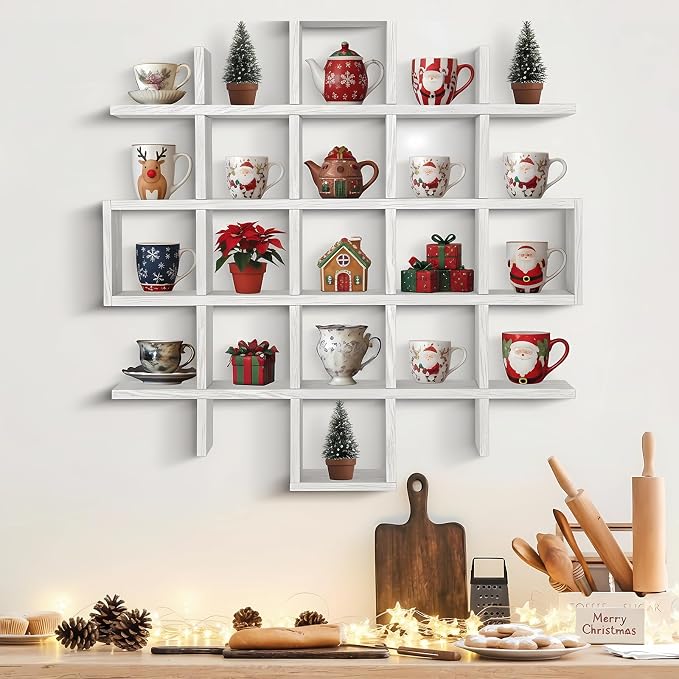 Suzile Oversize Tea Cups and Saucers Shelf Rustic Wooden Coffee Display Shelves - Image 5