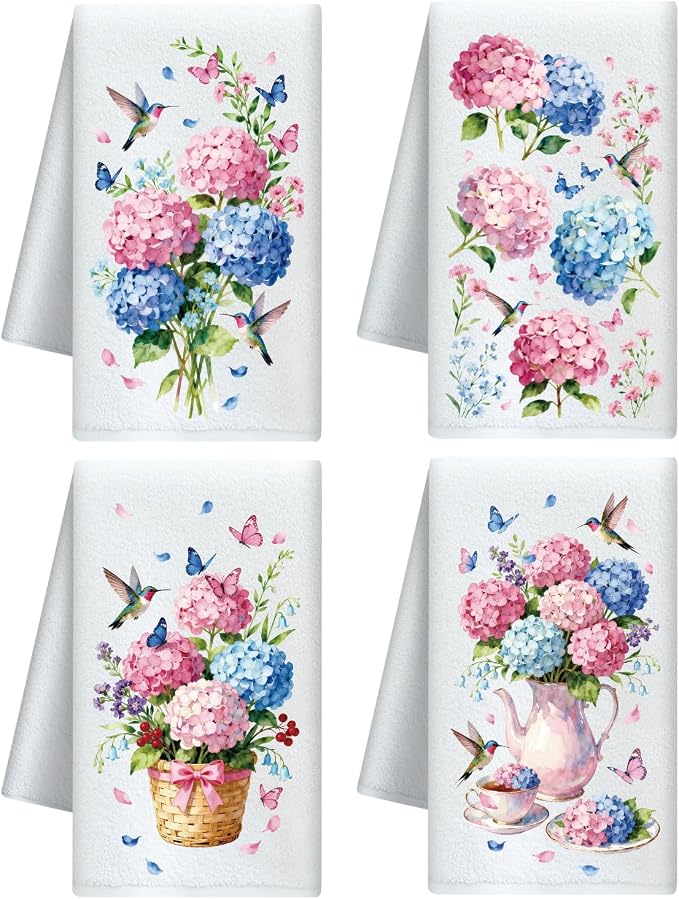 CUTHOLLOW Hydrangea and Hummingbirds Decorative Kitchen Towels Set of 4 by CUTHOLLOW