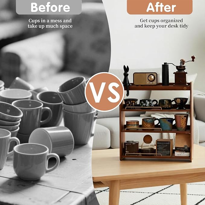 Walnut Wood Coffee Cup Rack, 4-Tier | Coffee Bar Organizer - Image 5