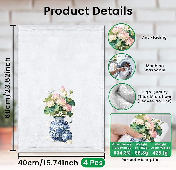 CUTHOLLOW Chinese Porcelain and Flowers Decorative Kitchen Towels Set of 4 - Image 2