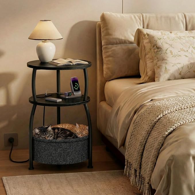 Round Side Table with Charging Station, USB Type C Port, Space Saving, Tall - Image 4