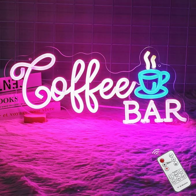 Coffee Bar Neon Sign, Dimmable Pink Blue Coffee LED Sign, 5V USB Powered Cafe by MinIeoh
