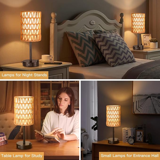 Rattan Table Lamps for Living Room, 3 Way Dimmable Touch Lamps, Small Bedside - Image 7