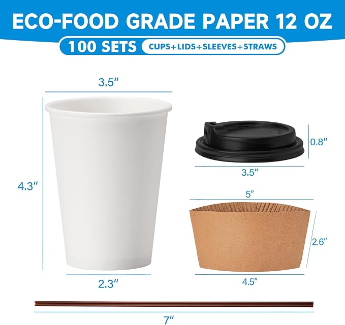 RACETOP 12 oz 100 Pack Disposable Paper Coffee Cups - Image 2