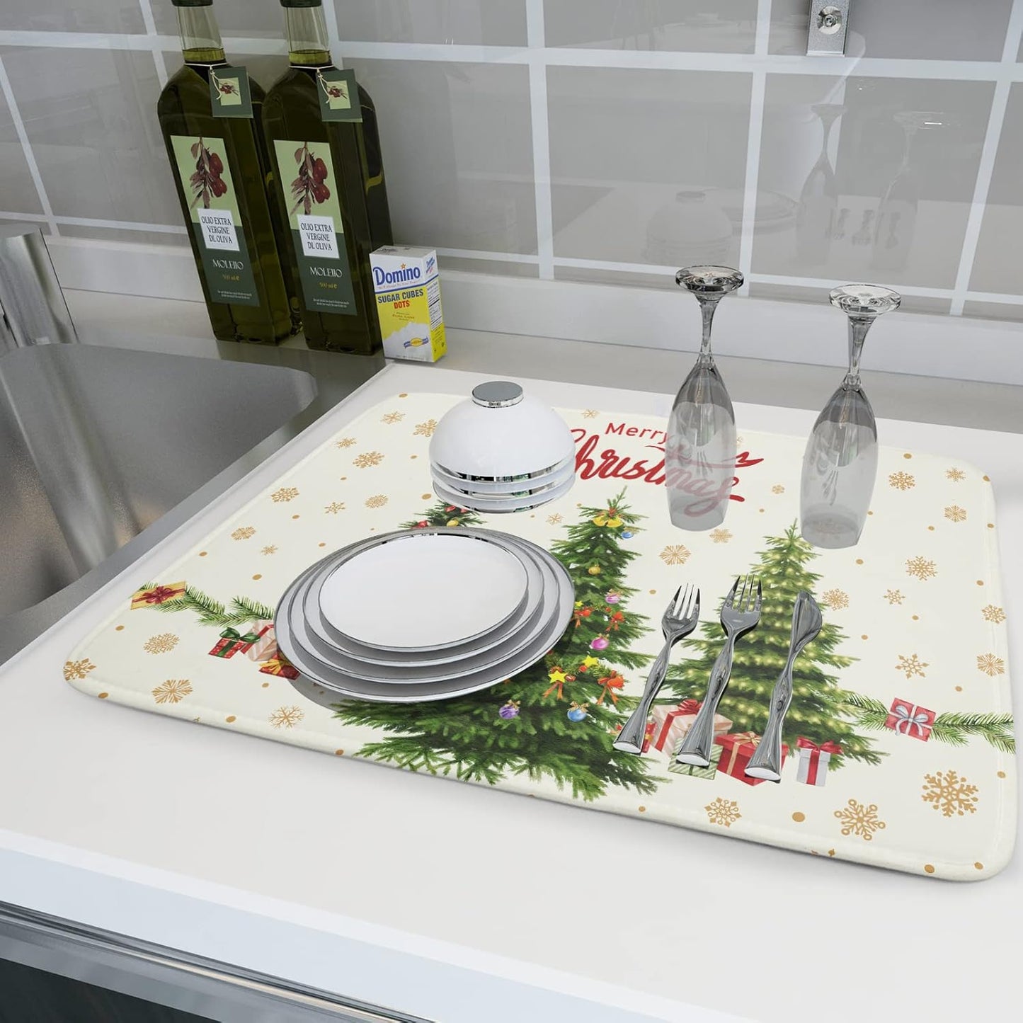 Christmas Tree Dish Drying Mat 18x24 for Winter Xmas Tree Snowflake Kitchen Counter Decor Absorbent Reversible Microfiber Xmas Tree Dishes Pad Dish Drainer Rack Mats Kitchen Accessories