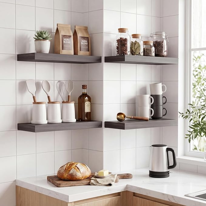 Fixwal 15.7in Floating Shelves, Rustic Wood Finish Wall Shelves Set of 4 - Image 5