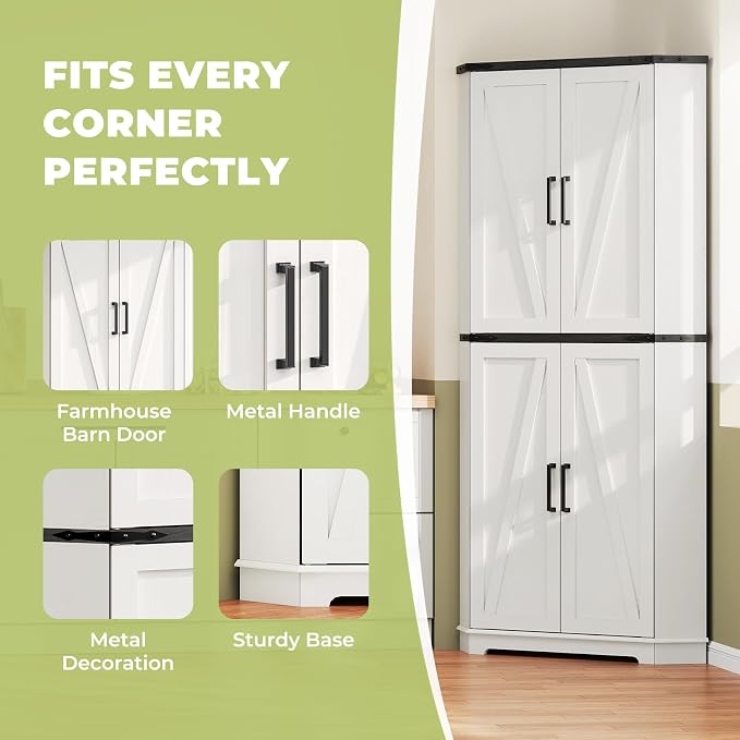 Dripex 71" Corner Cabinet White, Farmhouse Kitchen Pantry Cabinet - Image 6