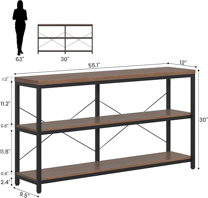 3-Tier Industrial Bookshelf, Wide Wood Horizontal Bookcase, Open Large Book - Image 2