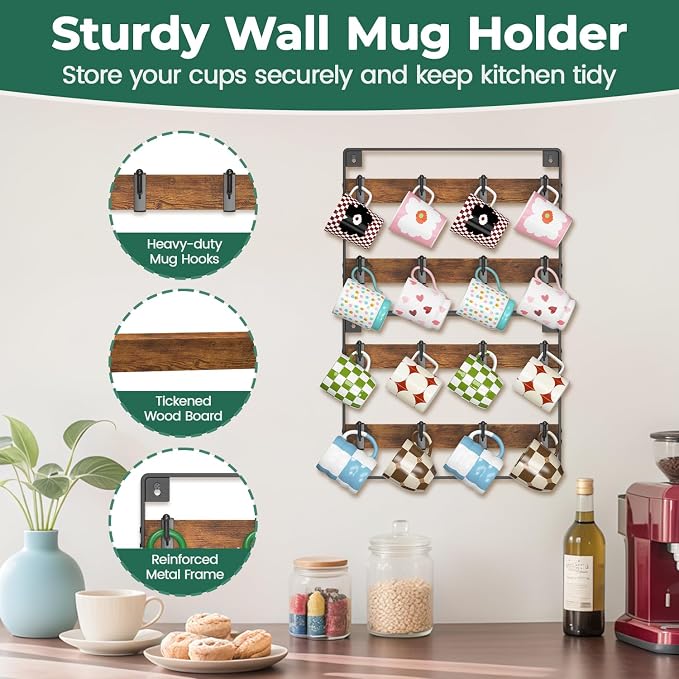 EsLuker.ly Mug Holder Hanger Rack Wall Mounted Wooden 2 Pack Coffee Cup Storage - Image 6