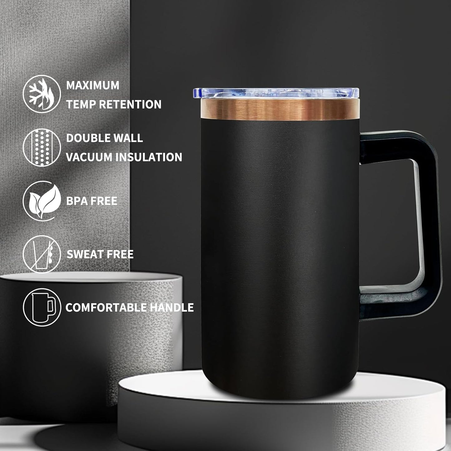 20 oz Insulated Coffee Mug with Lid, 8 Pack Stainless Steel Coffee Tumbler Bulk, Double Wall Vacuum Travel Mug with Handle, Leakproof Powder Coated Coffee Cups for Hot and Cold Drinks (Black,8 pack)