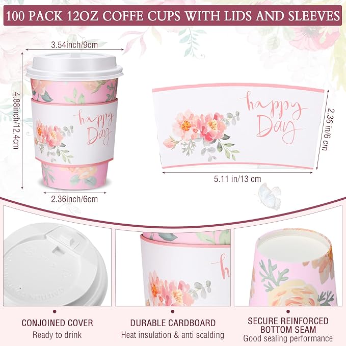 Remerry 100 Pcs 12oz Floral Disposable Coffee Cups - Image 2