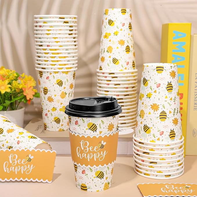 Whaline 50 Pcs Summer Bee Disposable Coffee Cups - Image 5