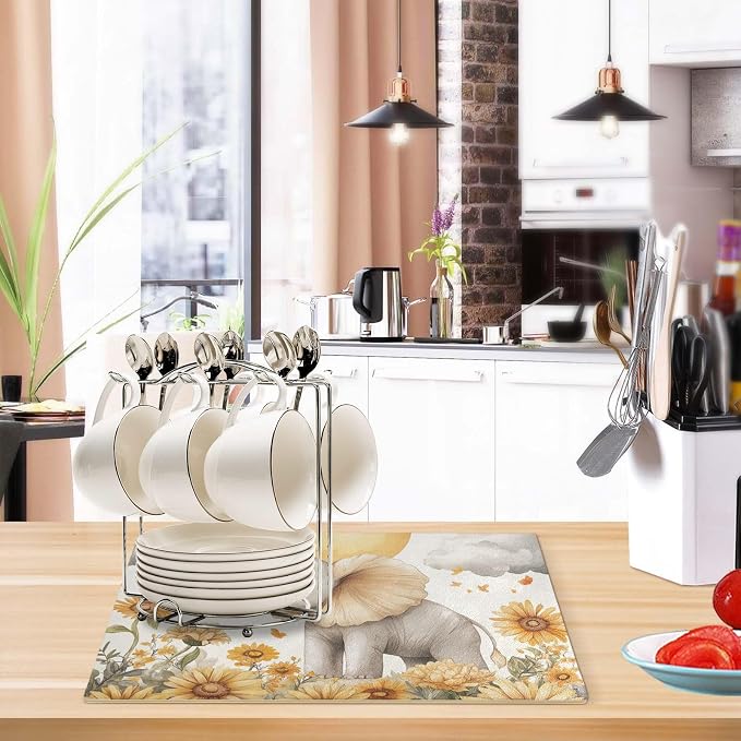 Elephant Sunflowers Cloud Grey Coffee Mat Coffee Bar Maker Station Pot Spill - Image 5